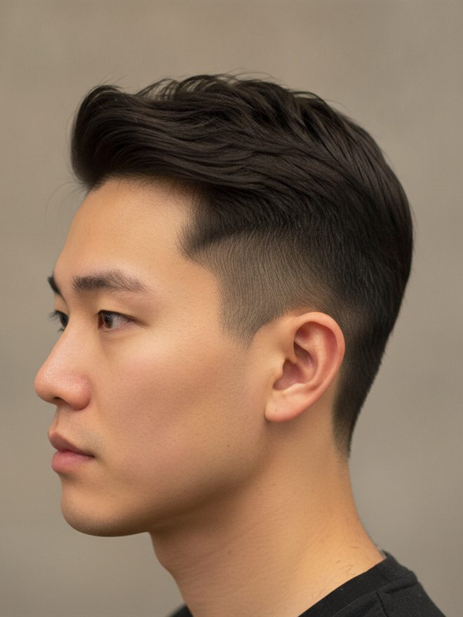 커트를 마친 남성의 옆모습. 귀 위 옆머리는 짧게 붙어 있고 정수리 쪽에 볼륨이 살아 있다.